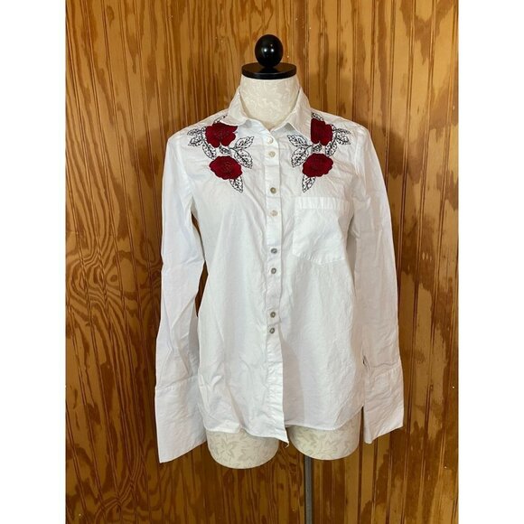 Zara Basic Button Up Floral Embroidered Long Sleeve Denim Cotton White Sz XS - Picture 1 of 9